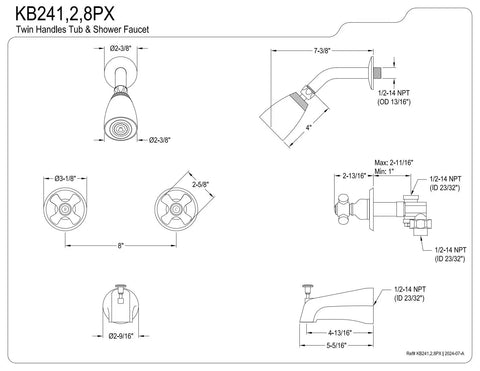Technical diagram of Magellan Tub And Shower Faucet With Porcelain Cross Handles In Polished Chrome, Old School Victorian Style Wall Mount