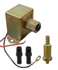 Universal 12V Electric Fuel Pump With Installation Kit for Gasoline or Diesel Engines, self-priming in line or in tank, parts shown.