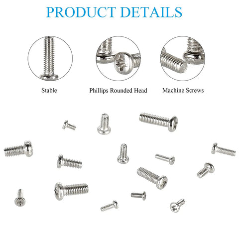 Massive 750 Piece Small Machine Screw Set M1.4 M1.6 M2 M2.5 M3 Phillips Pan Head Tiny Screws For Watch, Toy, And Electronics Repair Nickel Plated Carbon Steel Kit With 15 Sizes, 50 Pieces Each In Storage Bag scattered on white surface.