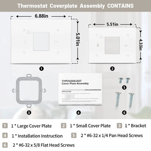 Thermostat Backplate And White Wall Mount Cover Plate For THP2400A1027W with bracket and screws, dimensions shown