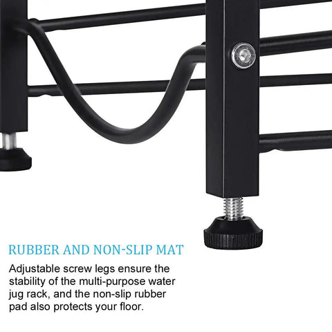 Close-up of adjustable screw legs on 5 Gallon Water Jug Rack Heavy Duty 3 Tier Stackable Water Bottle Holder, black steel