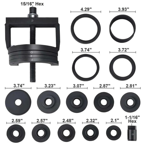 Ultimate Wheel Hub Removal Tool Set With C To U Sizes Front And Rear Wheel Bearing Remover And Installer Kit, 19-piece shown.