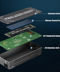Speed Demon M2 Nvme Ssd Enclosure With Thunderbolt 4 And 5 Compatibility components showing aluminum shell, thermal pad, and adapter.