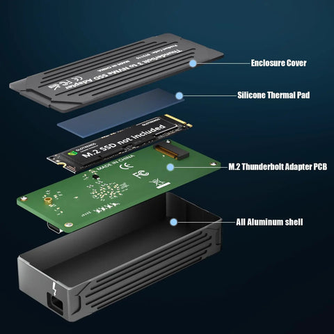 Speed Demon M2 Nvme Ssd Enclosure With Thunderbolt 4 And 5 Compatibility components showing aluminum shell, thermal pad, and adapter.