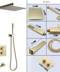 Brushed Gold Wall Mounted Shower System with Large Rainfall Head and Detachable Handheld, 12 inch size, includes hose and control valve.