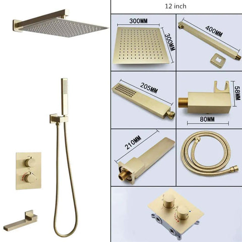 Brushed Gold Wall Mounted Shower System with Large Rainfall Head and Detachable Handheld, 12 inch size, includes hose and control valve.