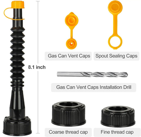 Gas Can Spout Replacement Kit With Flexible Nozzle And Vent Cap Includes Three Spouts, Three Vent Caps, Six Seals, Six Adapters And Drill Bit