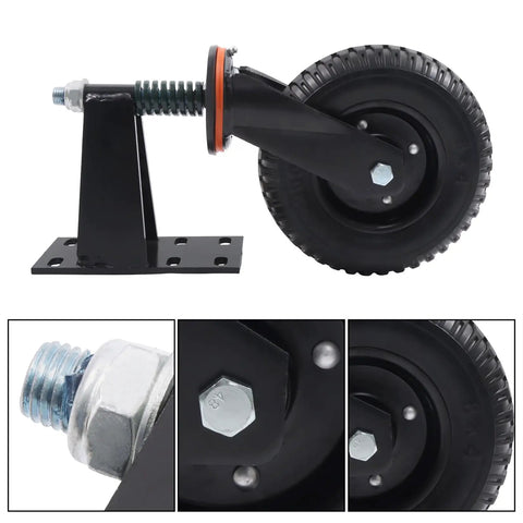 8 Inch Black Heavy Duty Gate Caster Wheels 2 Pack features solid rubber tire and steel bracket for stable yard door support.