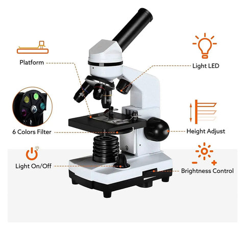Epic Biological Microscope for Home Learning with Slides Set and Phone Adapter, 250X 1000X 2500X Magnifications shown with light features and controls