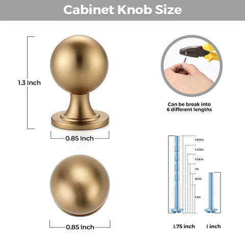 Diagram showing dimensions and details of Champagne Bronze Cabinet Knob Set, 12 Pack Round Ball Knobs for kitchen cabinets and drawers.