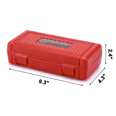 Red storage case for Deep Axle Nut Impact Socket Set For Half Inch Drive With 12 Point Design In CR MO Steel, showing dimensions.