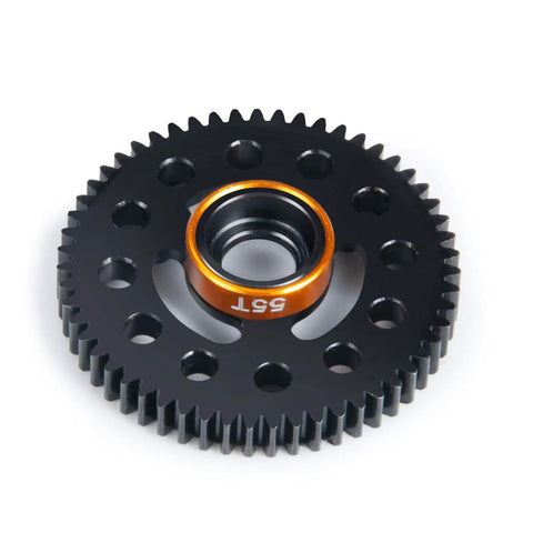 Close-up of 48P 55T steel spur gear for Traxxas one sixteenth scale E Revo Summit Slash Mini E Revo Mini Slash upgrade, black gear with orange center.