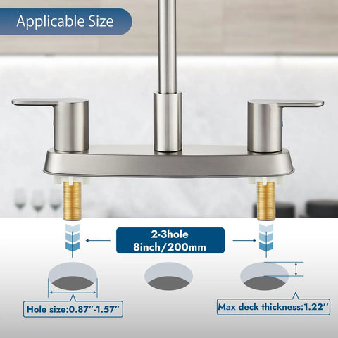 Top Shelf 8 Inch Centerset Kitchen Faucet With Dual Handles And High Arc 360 Swivel Spout In Sleek Brushed Nickel mounting details for three hole sinks.