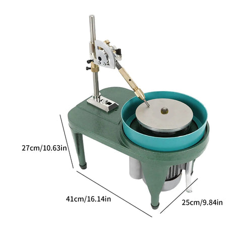 Faceting And Polishing Machine For Jewelry 180W Jade Grinder with 6 Inch Disc, green cast iron body, 2800 RPM, dimensions labeled