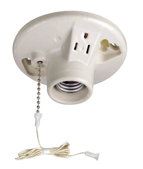 Porcelain Lampholder For Outlet Box Mount With Pull Chain Top Wire 9726C White Easy Install One Piece Glazed Incandescent Lampholder