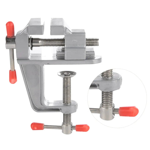 Go To Compact Mini Bench Vise For Jewelry Making And DIY Repairs, silver metal with red caps, 36mm opening, fits 34mm thickness