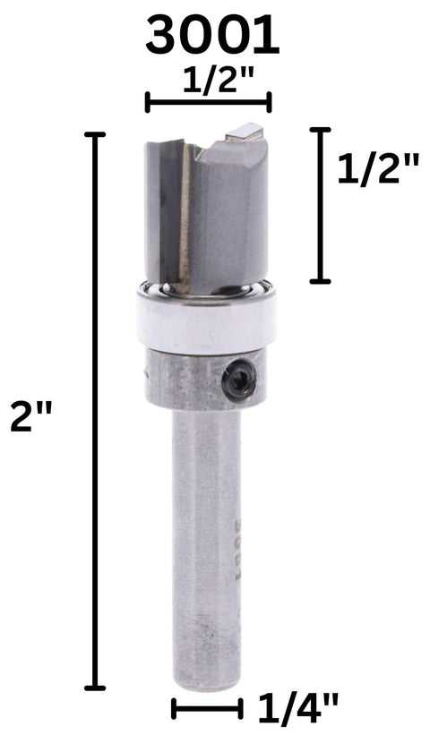 Carbide Tipped Template Router Bit With Ball Bearing The Go To Tool For Template Routing And Flush Cuts Half Inch Cutting Diameter And Length Quarter Inch Shank Two Inch Overall Length Compatible With Quarter Inch Collets shown with dimensions.