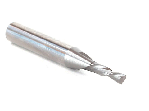 YONICO downcut router bit, 1/8 in diameter, 1/4 in shank, 2-flute solid carbide end mill, side view