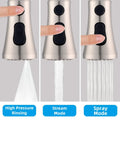Real Deal Pull Down Kitchen Faucet Replacement Sprayer Head With Dual Push Buttons And High Pressure Rinse showing high pressure rinsing, stream, and spray modes.