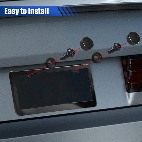 Top Shelf Anti Theft License Plate Screw Kit Featuring Tamper Proof Stainless Steel Fasteners With Security Nuts And Caps To Lock Your Car Tags Down In Sleek Black Finish, showing installation setup.