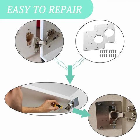 Installation of Six Piece Hinge Repair Bracket Set For Cabinets And Cupboards With Pre Drilled Holes And Mounting Screws.