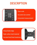 10 Piece Oscillating Multitool Blades Set scale and tooth details for DIY projects, includes clear measurements and sharp edges.