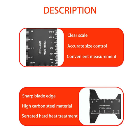 10 Piece Oscillating Multitool Blades Set scale and tooth details for DIY projects, includes clear measurements and sharp edges.