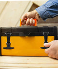 Person holding a toolbox with Stainless Steel T Handle Draw Latches Set Of 2 With Rubber Cushioned Latch for durability and security.