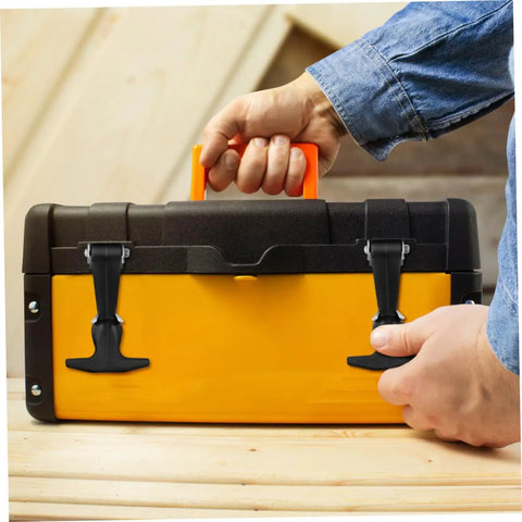 Person holding a toolbox with Stainless Steel T Handle Draw Latches Set Of 2 With Rubber Cushioned Latch for durability and security.