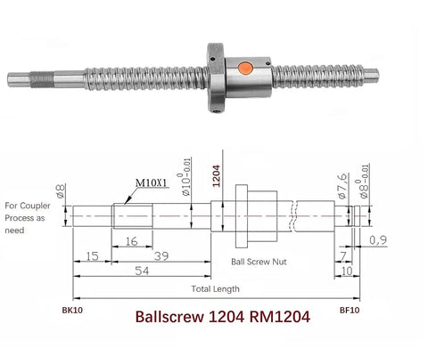 Diagram and specification of 12mm SFU1204 AntiBacklash Ball Screw Kit With 300mm Length End Supports Locknuts Circlips V Coupler