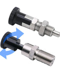 Heavy Duty Stainless Steel Spring Plunger With No Slip Self Locking Knob And Precision Positioning Pin For Garage Jobs, showing two plunger variants.