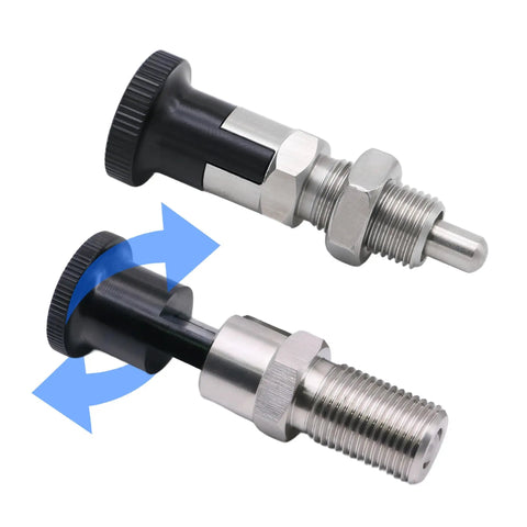 Heavy Duty M8 Stainless Steel Self Locking Spring Plunger With Rustproof Pin in action, showing dual push pins for alignment.
