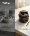 Comparison of Pure Himalayan Shilajit Resin 30 Gram Jar showing verified resin form with 80.81% fulvic acid next to unverified powder.
