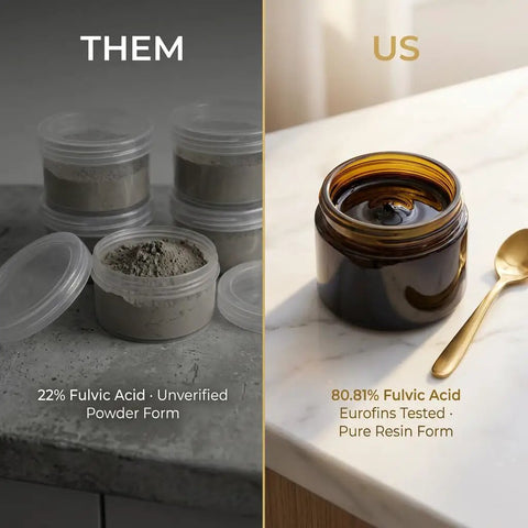 Comparison of Pure Himalayan Shilajit Resin 30 Gram Jar showing verified resin form with 80.81% fulvic acid next to unverified powder.