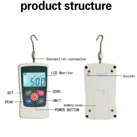 50N Digital Push Pull Force Meter Handheld Tester With Backlit Display 3 Modes For Classroom Lab Use Portable Force Gauge 4 Units Auto Shutdown Great For Teaching And Experiments, front and back view