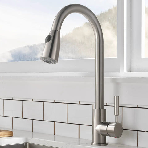 Brushed Nickel Kitchen Faucet With Pull Down Sprayer, Stainless Steel Modern High Arc Single Lever, One Hole Install, Deck Plate Not Included