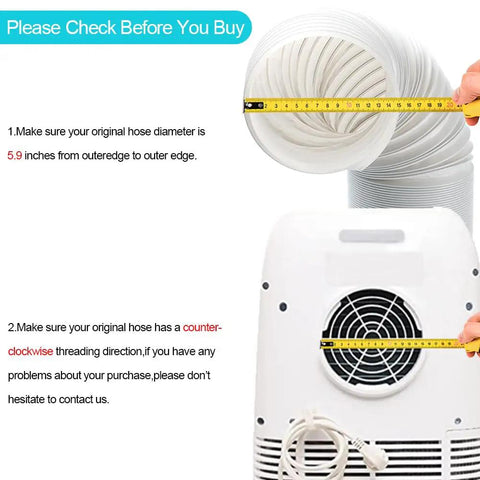 Universal Portable Air Conditioner Exhaust Hose 5.9 Inch Diameter, Length Up To 59 Inches, Anti Clockwise Thread with measurement guide