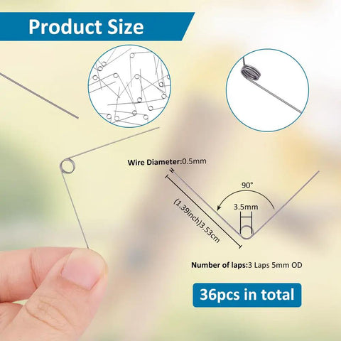 36 Pack 90 Degree V Shaped Torsion Springs, Stainless Steel, 0.5mm Wire Diameter, 5mm Outer Diameter, 3 Turns, size details