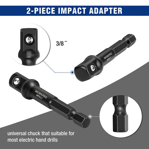 Two-piece impact adapter shown with universal 3/8-inch chuck, part of Fifteen-Piece Bolt And Nut Remover Set For Stripped, Damaged, Rounded Off And Rusted Bolts And Nuts Three-Eighth Inch Drive With Universal Chuck And Beefy Impact Adapters