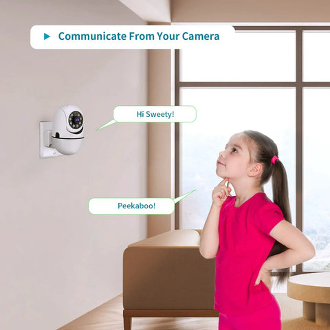 Child interacting with Plug In 3MP Indoor Security Camera With 360 Degree View, 2.4G WiFi, mounted on wall in living room.