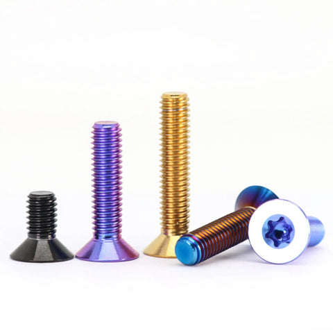 Top Shelf Titanium Countersunk Screws Slick Blue Purple Flat Head Bolts Heavy Duty Aviation Grade Ti 6Al 4V Precision Fasteners M4 M5 M6 M8 Four Pack showing different colors and sizes.