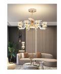 Eight Head K9 Crystal Ceiling Fan Light With Zero Hassle Remote Controlled Tricolor LED Glow And Quiet Spinning Blades in modern living room.