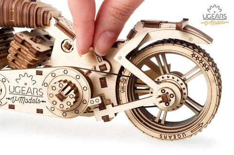 Wooden Mechanical Motorcycle DIY Kit With Rubber Band Engine Dope Vintage Bike Model, plywood with wide rear wheel