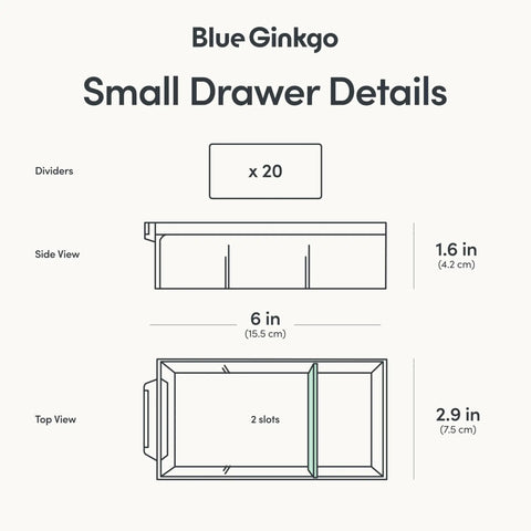 Diagram showing dimensions of Small 20 Drawer Stackable Clear Organizer Cabinet For Hardware Beads Plastic Blocks Office And Craft Storage Gray Made In Korea Great For DIY Projects And Bead Stash With Adjustable Dividers.