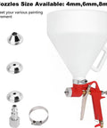Pro Grade Air Texture Spray Gun With 1.58 Gallon Tank And Easy Swap 4 6 8 Millimeter Tips showing nozzles and tank.