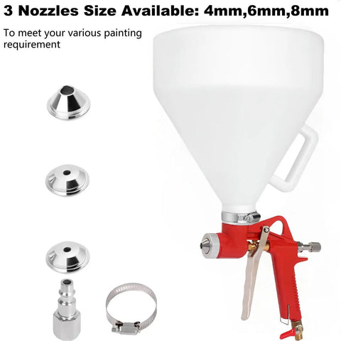 Pro Grade Air Texture Spray Gun With 1.58 Gallon Tank And Easy Swap 4 6 8 Millimeter Tips showing nozzles and tank.