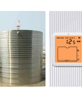 Wireless Water Level Sensor Ultrasonic Tank Level Meter No Fuss Install With IP65 Weatherproof Design And Dual Unit Display For Home Farm And Industrial Water Tank Monitoring, showing outdoor metal tank and indoor LCD display.