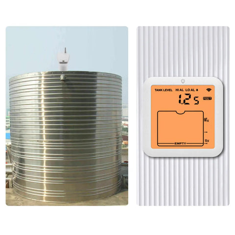 Wireless Water Level Sensor Ultrasonic Tank Level Meter No Fuss Install With IP65 Weatherproof Design And Dual Unit Display For Home Farm And Industrial Water Tank Monitoring, showing outdoor metal tank and indoor LCD display.