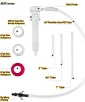 Front view of Bzcovac 30cc hand oil transfer pump with 24in clear fill tube and bottle adapters (38-50 mm)