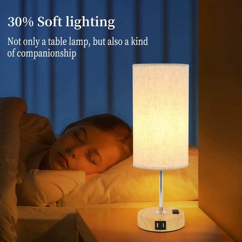 Touch Bedside Table Lamp With USB Port And AC Outlet 3 Way Dimmable Nightstand Lamp With Wood Base And Round Flaxen Fabric Shade